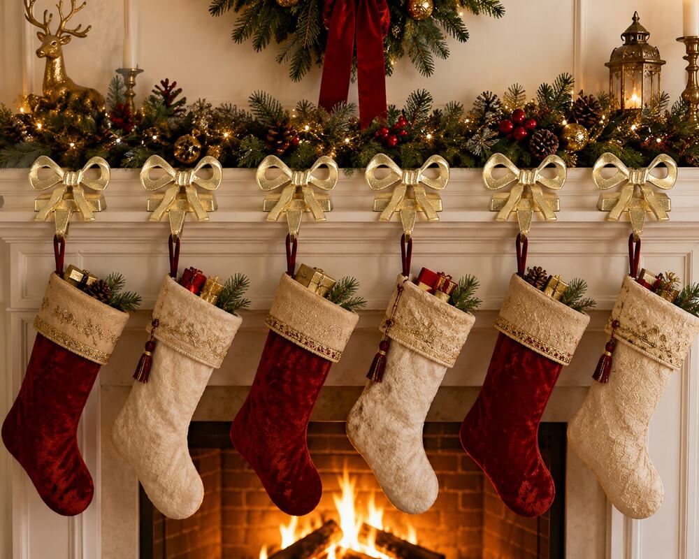 The Christmas Shoppe Gold Bow Stocking Holders Set of 6 NWT